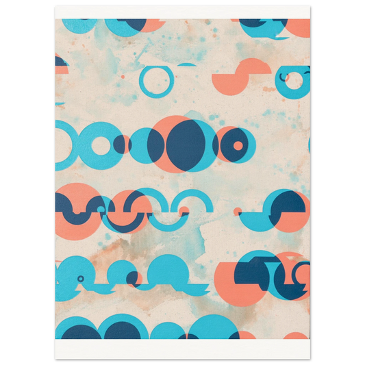 Abstract geometric painting on canvas with textured cream/blue wash and overlapping peach, cerulean, and navy shapes