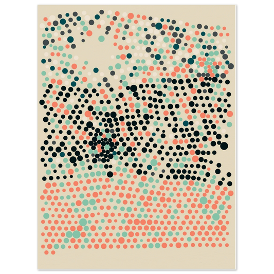 Generative abstract Giclée print with a dense algorithmic distribution of black, salmon, and mint green dots over cream