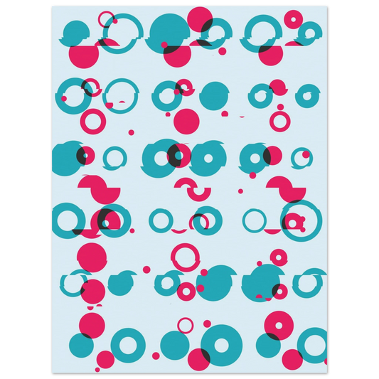 Generative abstract Giclée print featuring overlapping, misaligned teal, magenta, and black circles over a light cyan field