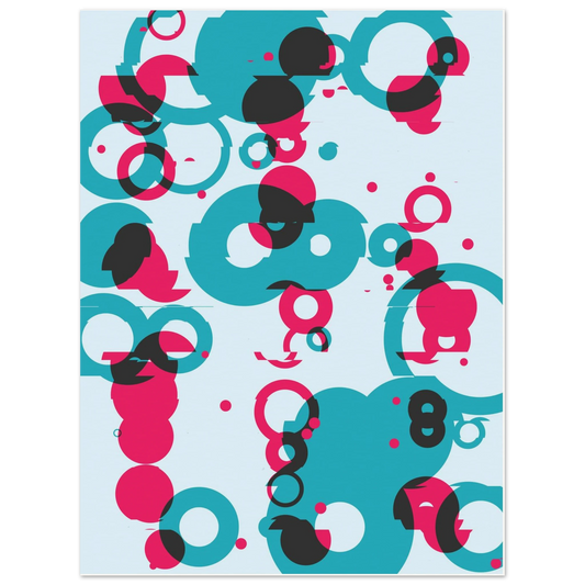 Generative abstract Giclée print featuring overlapping, misaligned teal, magenta, and black circles over a light cyan field