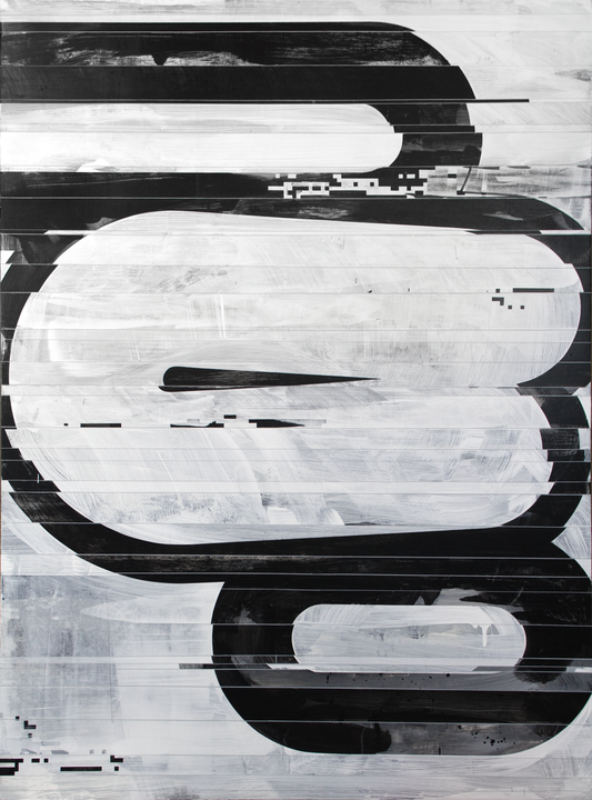 High-contrast black and white abstract painting on canvas with glitched geometric loops and horizontal line artifacts