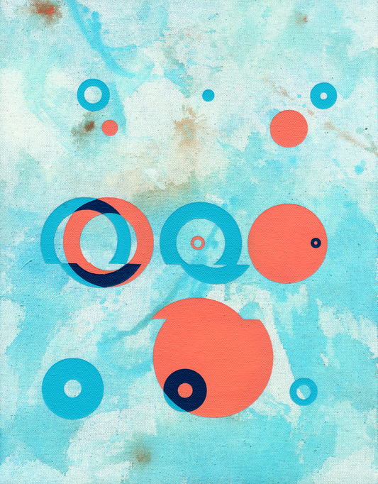 Geometric abstract mixed media painting on canvas with textured light-blue wash and overlapping peach/coral and navy shapes