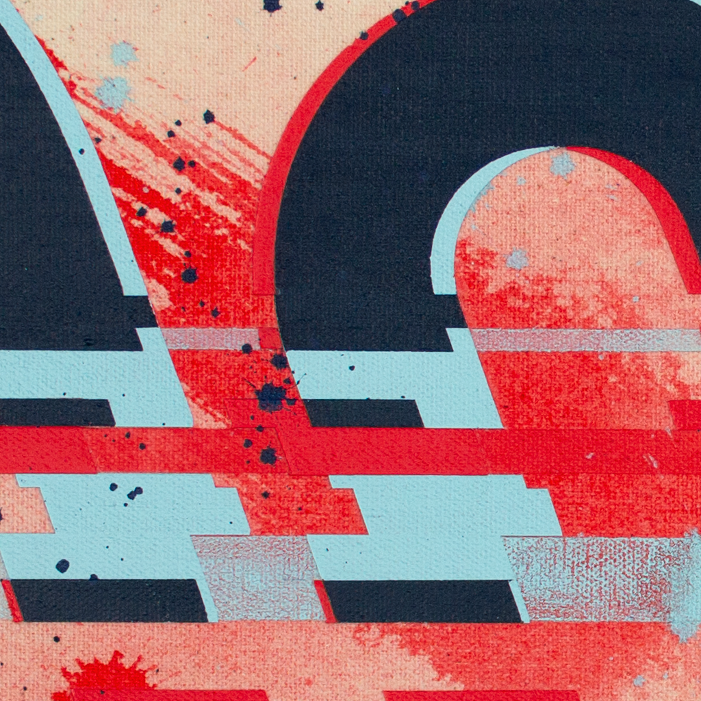 Geometric mixed media painting on canvas featuring glitched, misaligned red, blue, and navy text graphics with paint splatters