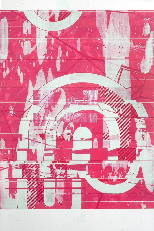 Abstract magenta painting on canvas with white glitched geometric forms, horizontal line artifacts, and paint splatters