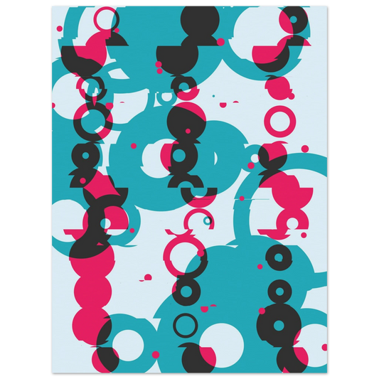 Generative abstract Giclée print featuring overlapping, misaligned teal, magenta, and black circles over a light cyan field