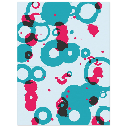 Generative abstract Giclée print featuring overlapping, misaligned teal, magenta, and black circles over a light cyan field