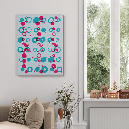 Generative abstract Giclée print featuring overlapping, misaligned teal, magenta, and black circles over a light cyan field