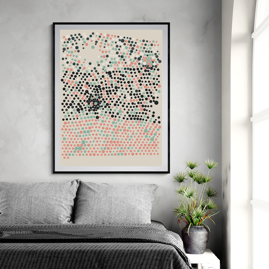 Modern bedroom with a bed made from wooden pallets, gray bedding, and a framed abstract art piece on the wall.