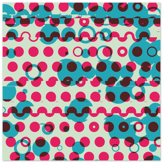 Patterned paper with blue, pink, and black shapes on a light green background