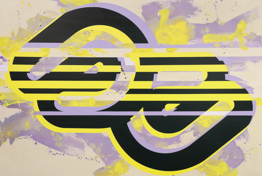 Abstract geometric painting on canvas with glitched black and yellow graphics over textured purple and yellow paint washes