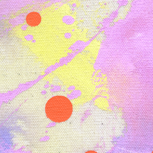 Abstract art with orange circles and yellow and purple brushstrokes on a textured surface.