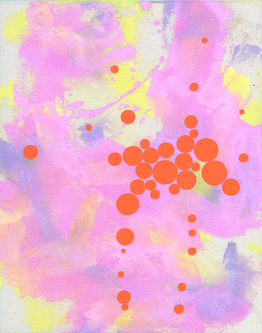 Ethereal abstract mixed media painting on canvas with organic orange circular clusters over soft pink, yellow, and purple washes