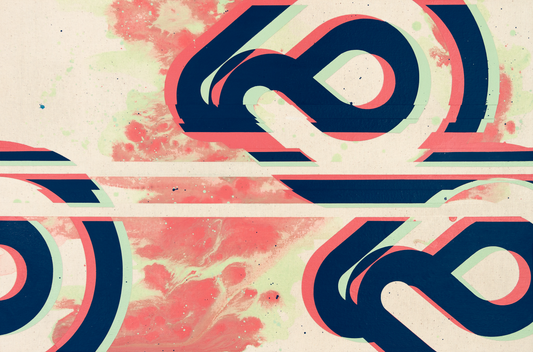 Abstract mixed media painting on canvas with glitched navy loops over a fluid salmon and cream marbleized background