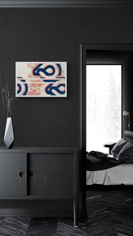 Modern bedroom with abstract wall art on a black wall