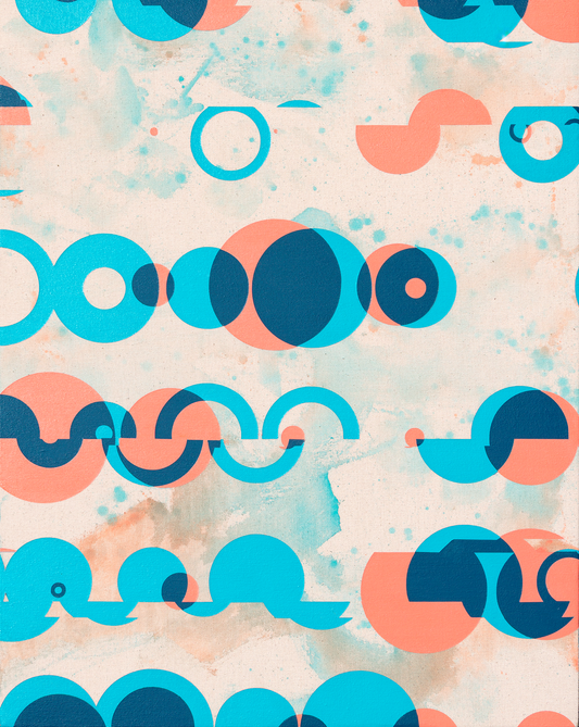 Abstract geometric painting on canvas with textured cream/blue wash and overlapping peach, cerulean, and navy shapes