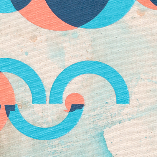 Abstract geometric painting on canvas with textured cream/blue wash and overlapping peach, cerulean, and navy shapes