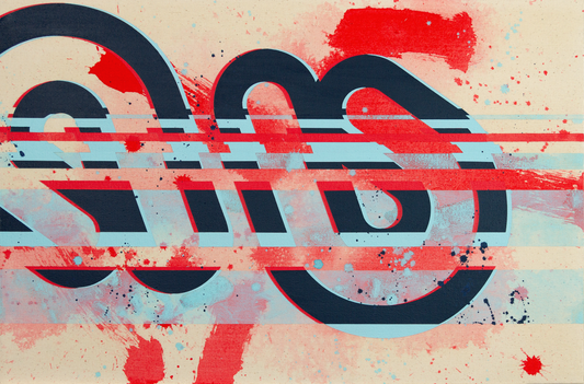 Geometric mixed media painting on canvas featuring glitched, misaligned red, blue, and navy text graphics with paint splatters