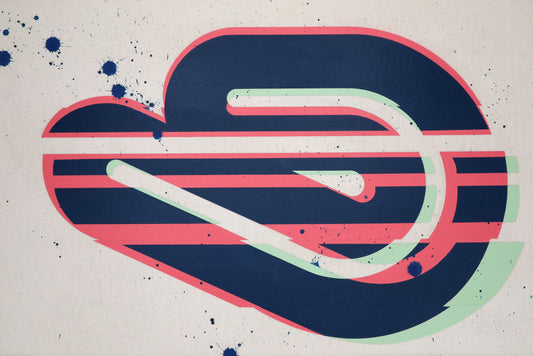 Abstract glitched painting on canvas with a navy, salmon, and mint green looped form and dark blue paint splatters