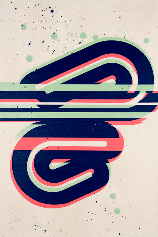 Abstract glitched painting on canvas featuring navy, salmon, and mint geometric loops with splattered paint textures