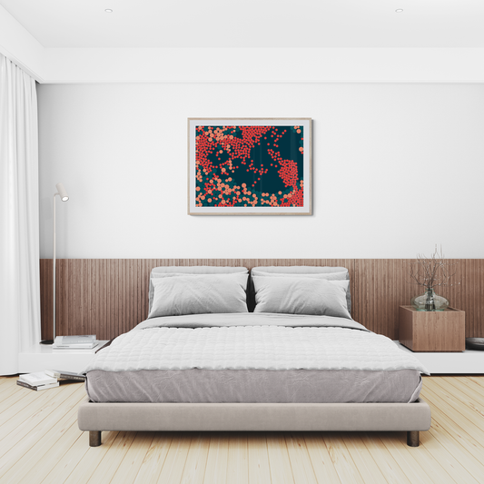 Modern bedroom with a bed, nightstands, and a colorful abstract painting on the wall.