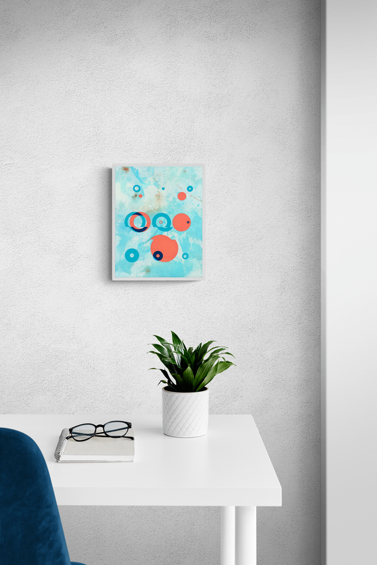 Geometric abstract mixed media painting on canvas with textured light-blue wash and overlapping peach/coral and navy shapes